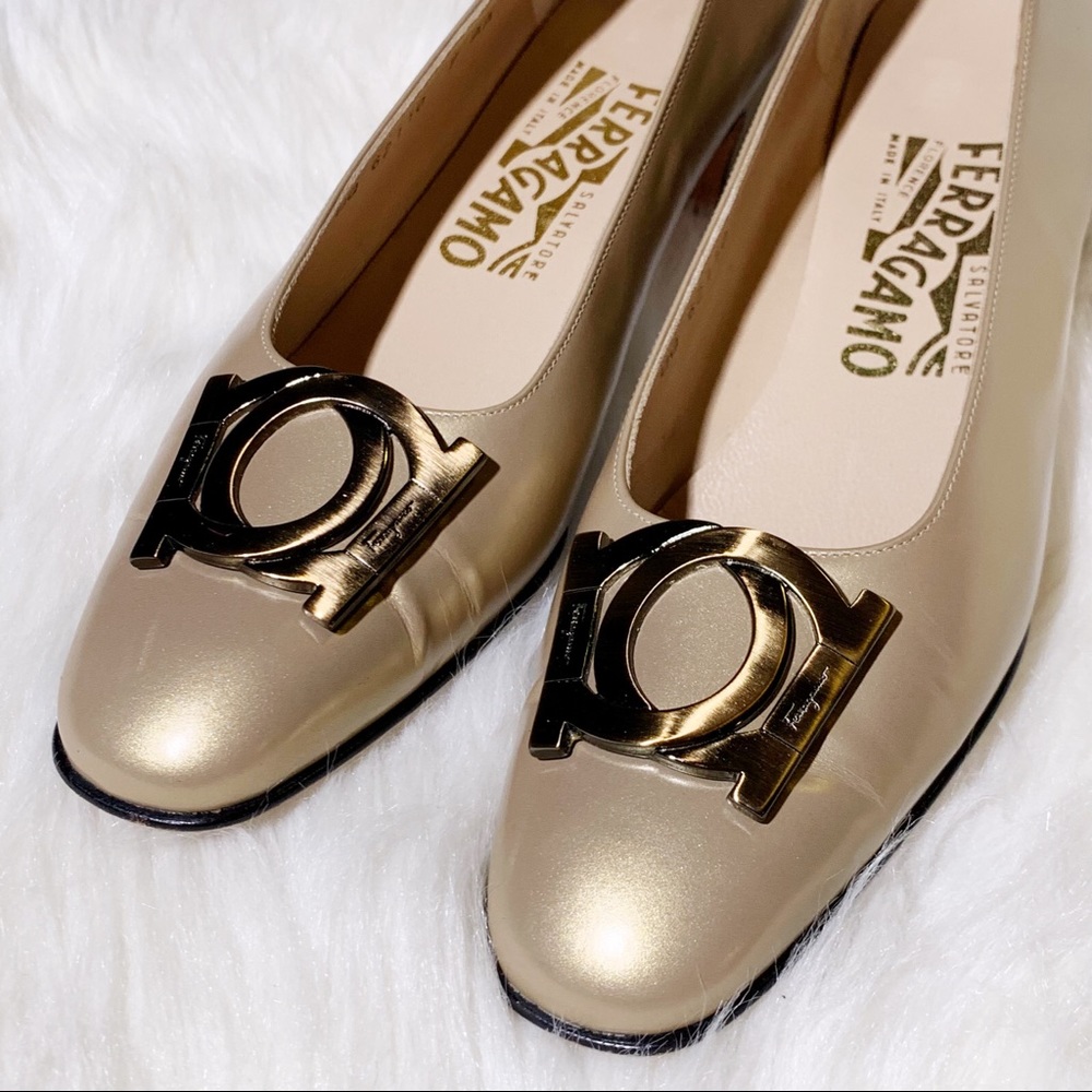 Ferragamo Large Logo Gold Leather Block Kitten Heel Shoes